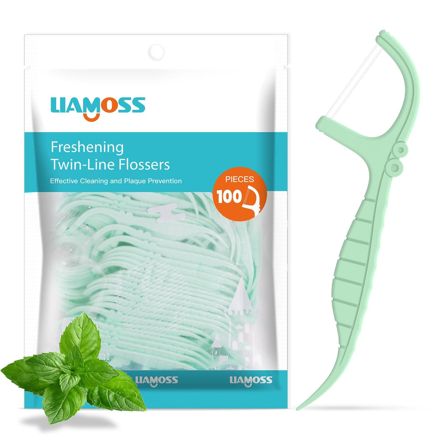 Twin-Line Dental Flossers – 100 Count Mint Flavor, LIAMOSS Dual Action Picks