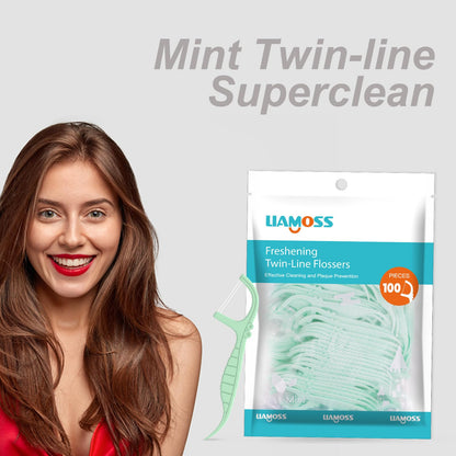 Twin-Line Dental Flossers – 100 Count Mint Flavor, LIAMOSS Dual Action Picks