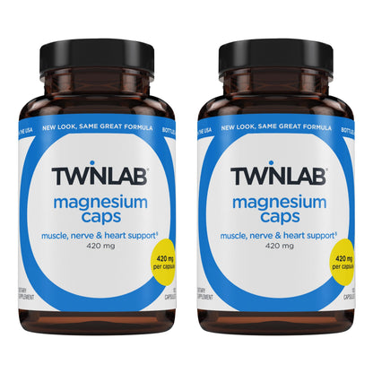 Twinlab Magnesium Caps - High Absorption Magnesium for Leg Cramps Relief | 420 mg, 100 Count, 2 Pack