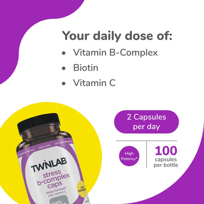 Twinlab Stress B-Complex Caps - Complete B-Complex & 1000 mg Vitamin C (Pack of 2)