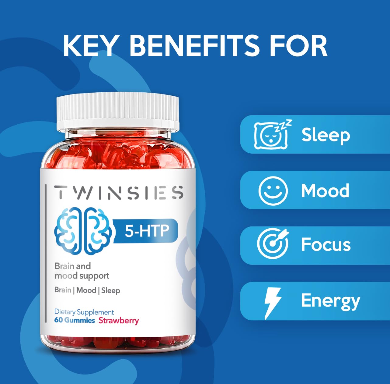 Twinsies 5-HTP Calm Gummies 200mg – Sleep, Mood & Brain Health Support (Gluten-Free & Non-GMO) | Strawberry Flavor