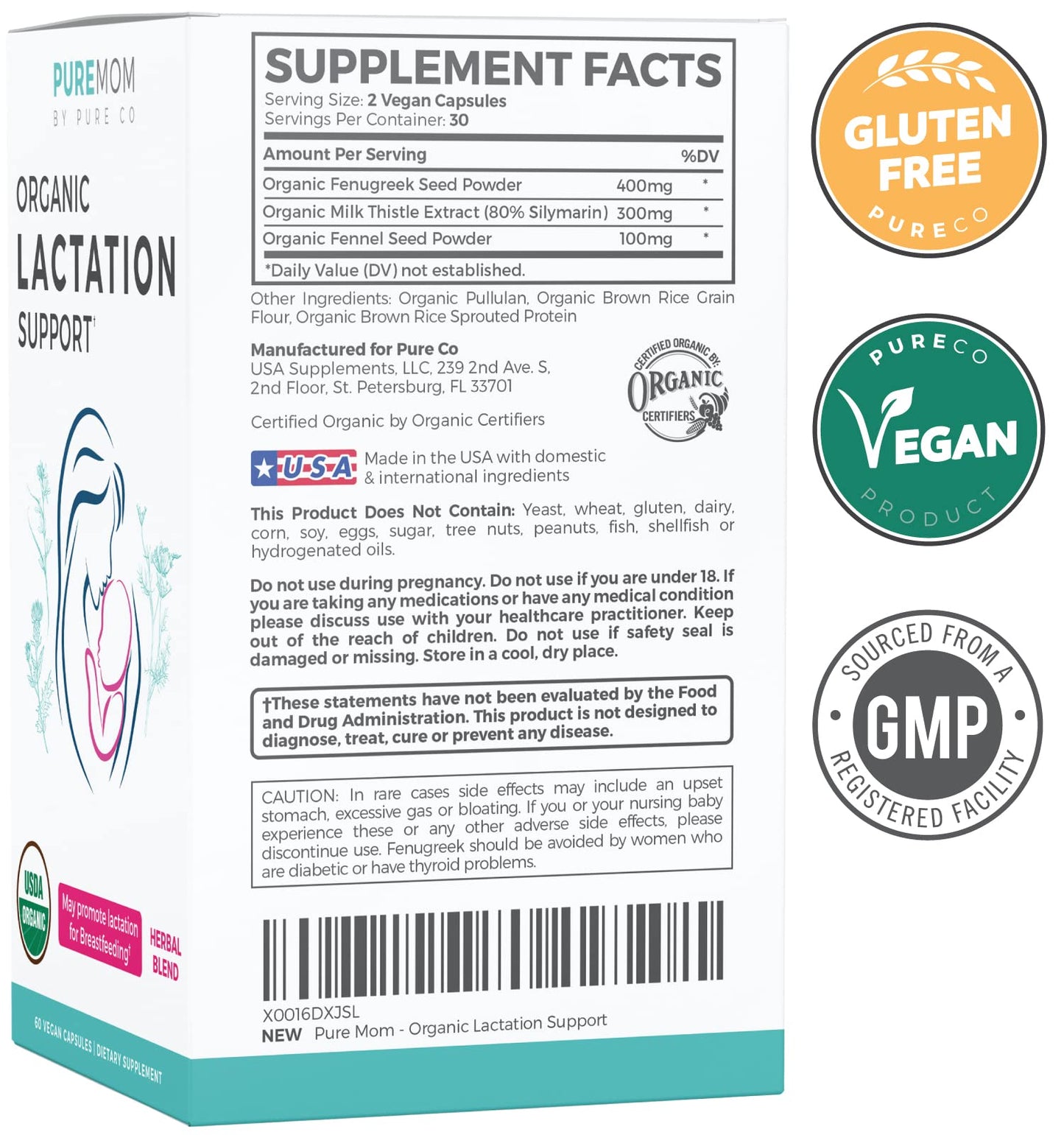 USDA Organic Lactation Supplement - Fenugreek, Fennel & Milk Thistle | 60 Vegan Capsules