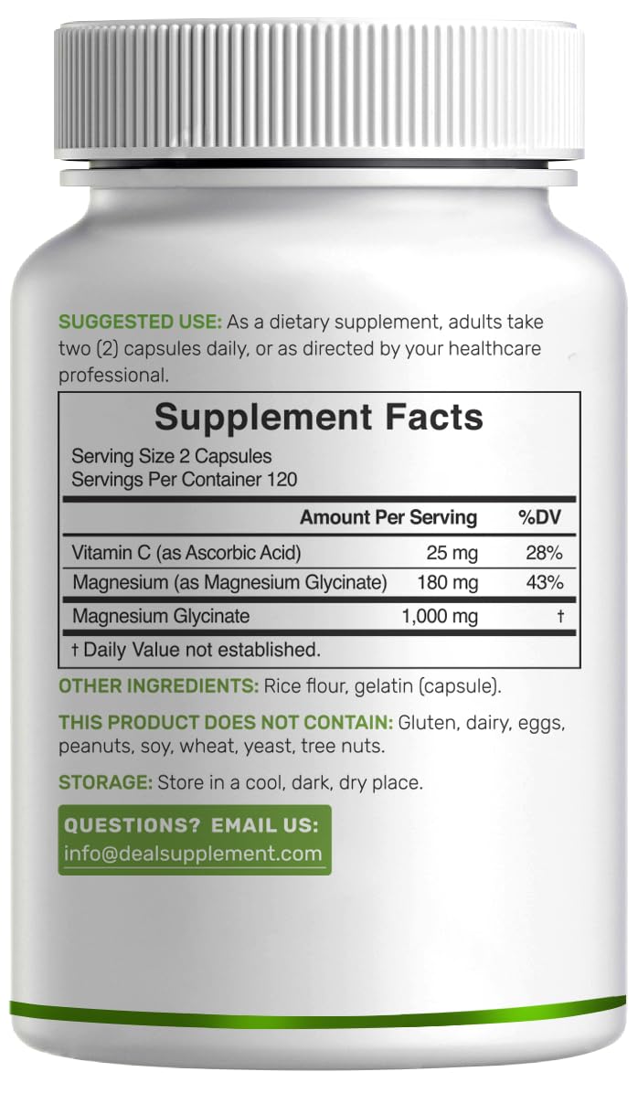 Magnesium Glycinate 1000mg per Serving + Vitamin C – 240 Capsules (Chelated, Easy Absorption)