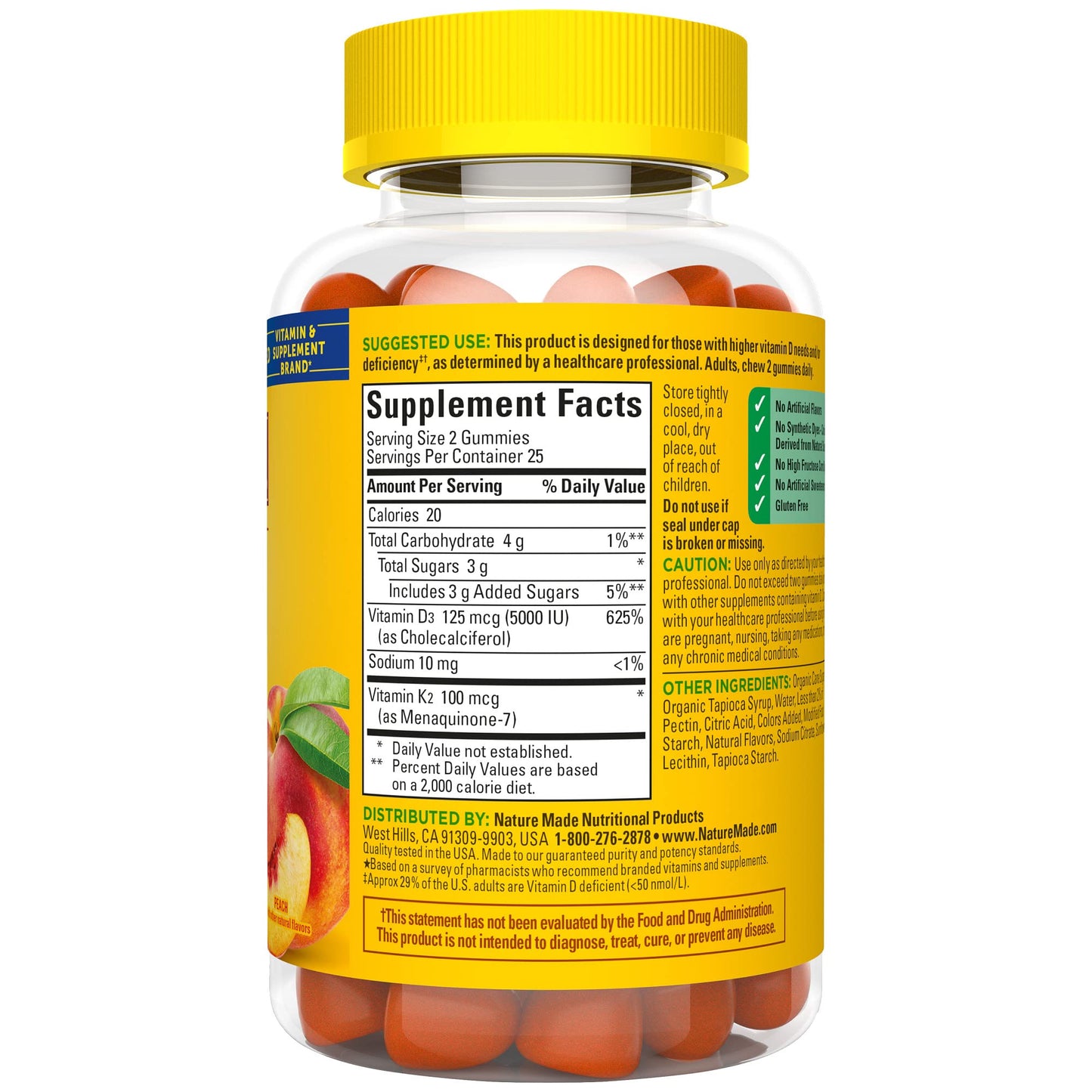 Nature Made Vitamin D3 + K2 Gummies — 5000 IU D3 per Serving, 50-Count Peach