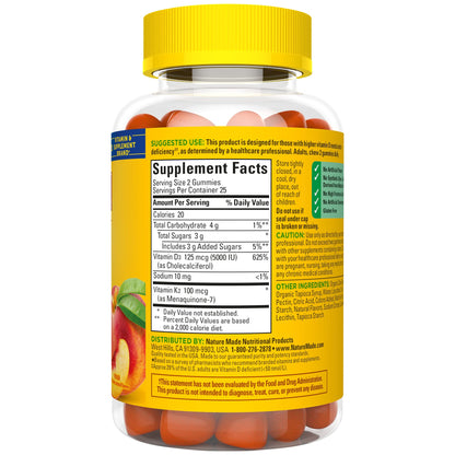 Nature Made Vitamin D3 + K2 Gummies — 5000 IU D3 per Serving, 50-Count Peach