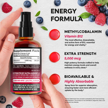 USDA Organic Vitamin B12 Sublingual Spray 5000 mcg - Vegan Methylcobalamin | 2 fl oz | 2 Month Supply