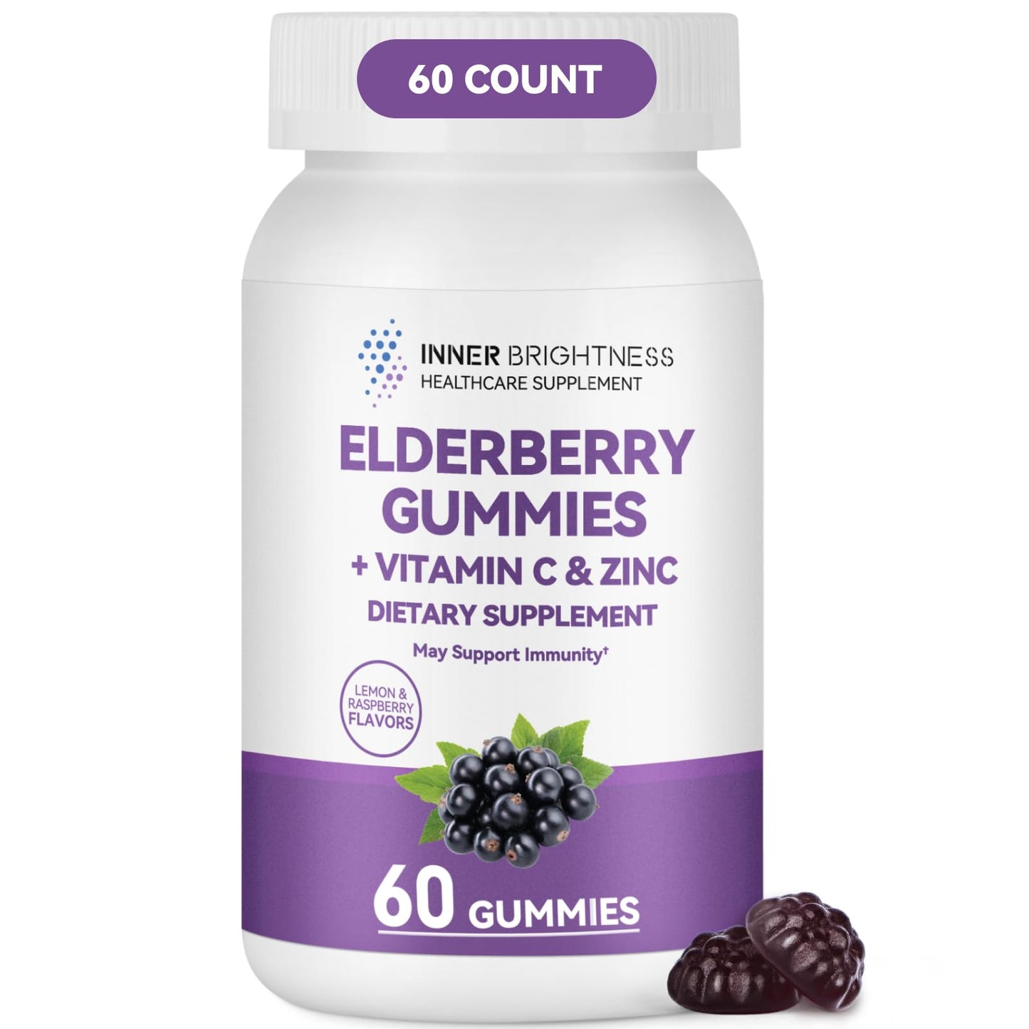 Inner Brightness Elderberry Gummies for Adults – 60 Count | Immune Support with Vitamin C & Zinc | Vegan, Non-GMO, Gluten-Free | 2-Month Supply