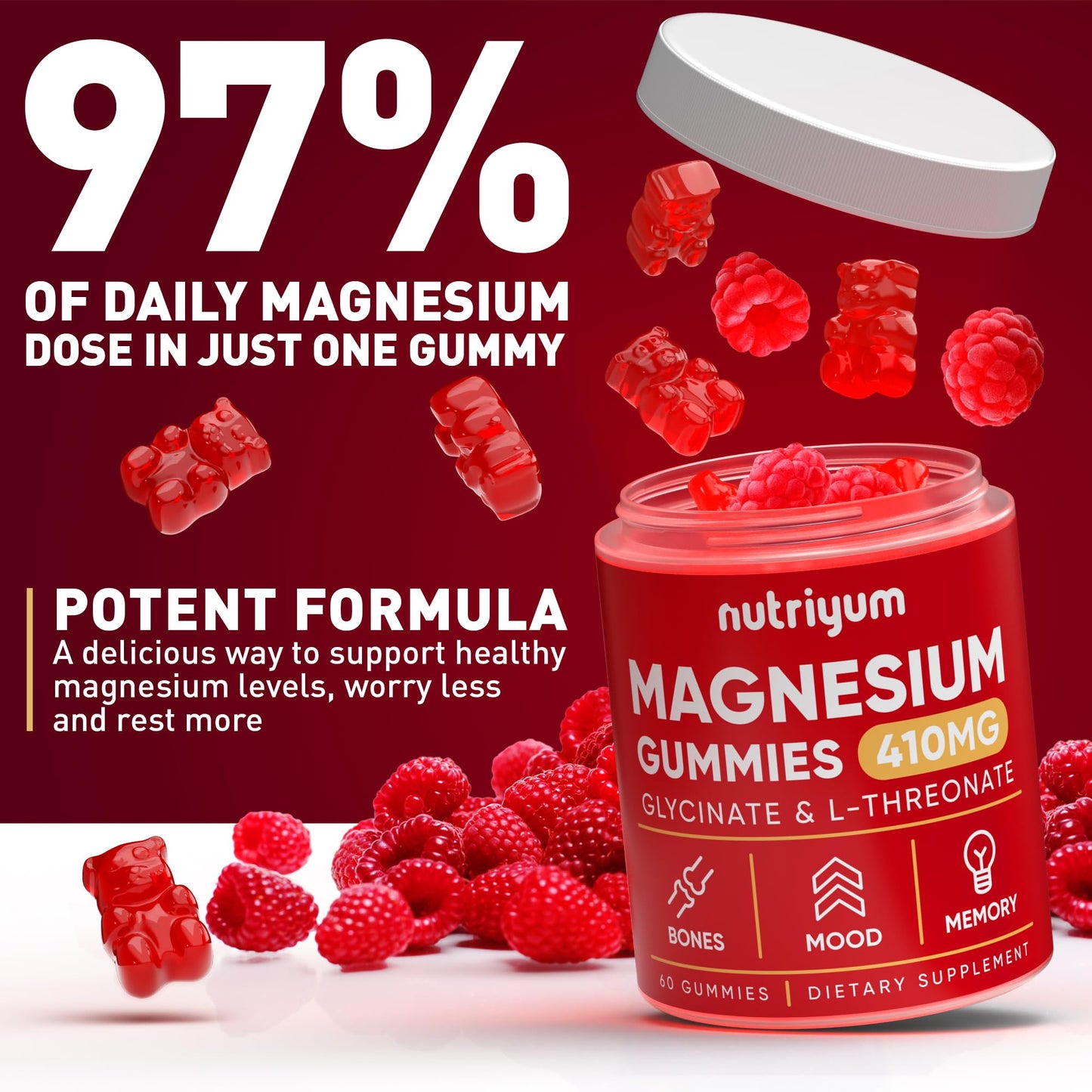 Magnesium Glycinate Gummies for Adults & Kids – 410mg Mg (L-Threonate) – 60 Pcs