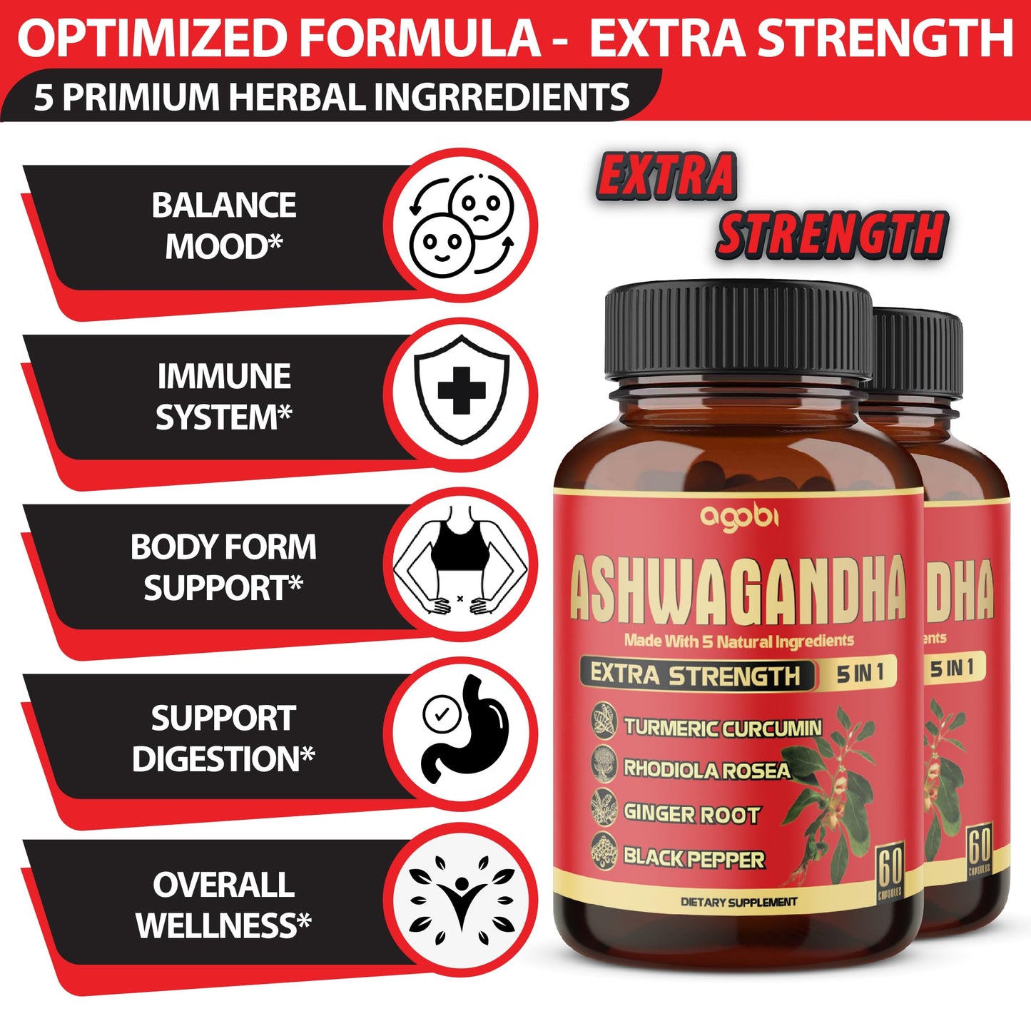 2 Packs – 60 Capsules Each: Ashwagandha 5-in-1 Formula with Turmeric, Rhodiola, Ginger & Black Pepper | 4 Month Supply
