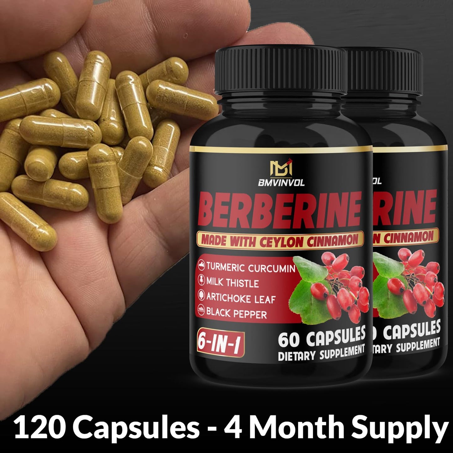 Berberine with Ceylon Cinnamon, Turmeric, Milk Thistle – 120 Capsules, 4 Months