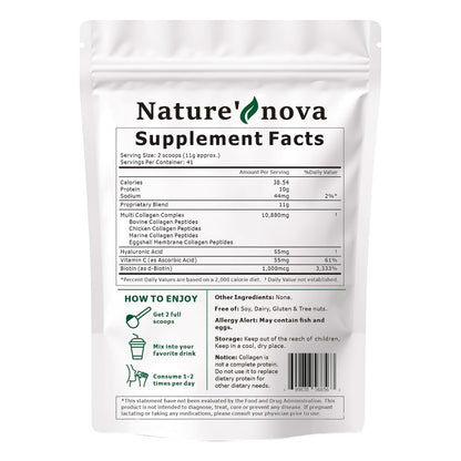 Nature's Nova Multi Collagen Peptides Powder - Types I, II, III, V, X + Biotin & Hyaluronic Acid