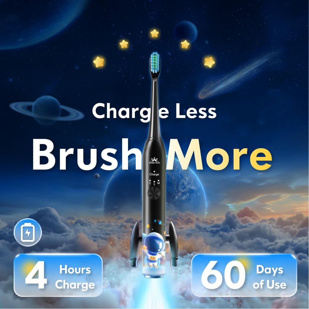 Kids Electric Toothbrush – Rechargeable Sonic Timer, 3 Modes, 4 Heads (Astronaut Black)