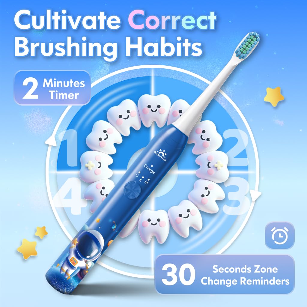 Kids Electric Toothbrush 3-12 Years – Rechargeable with Timer, 3 Modes, 4 Heads, Habit Stickers | Astronaut Blue