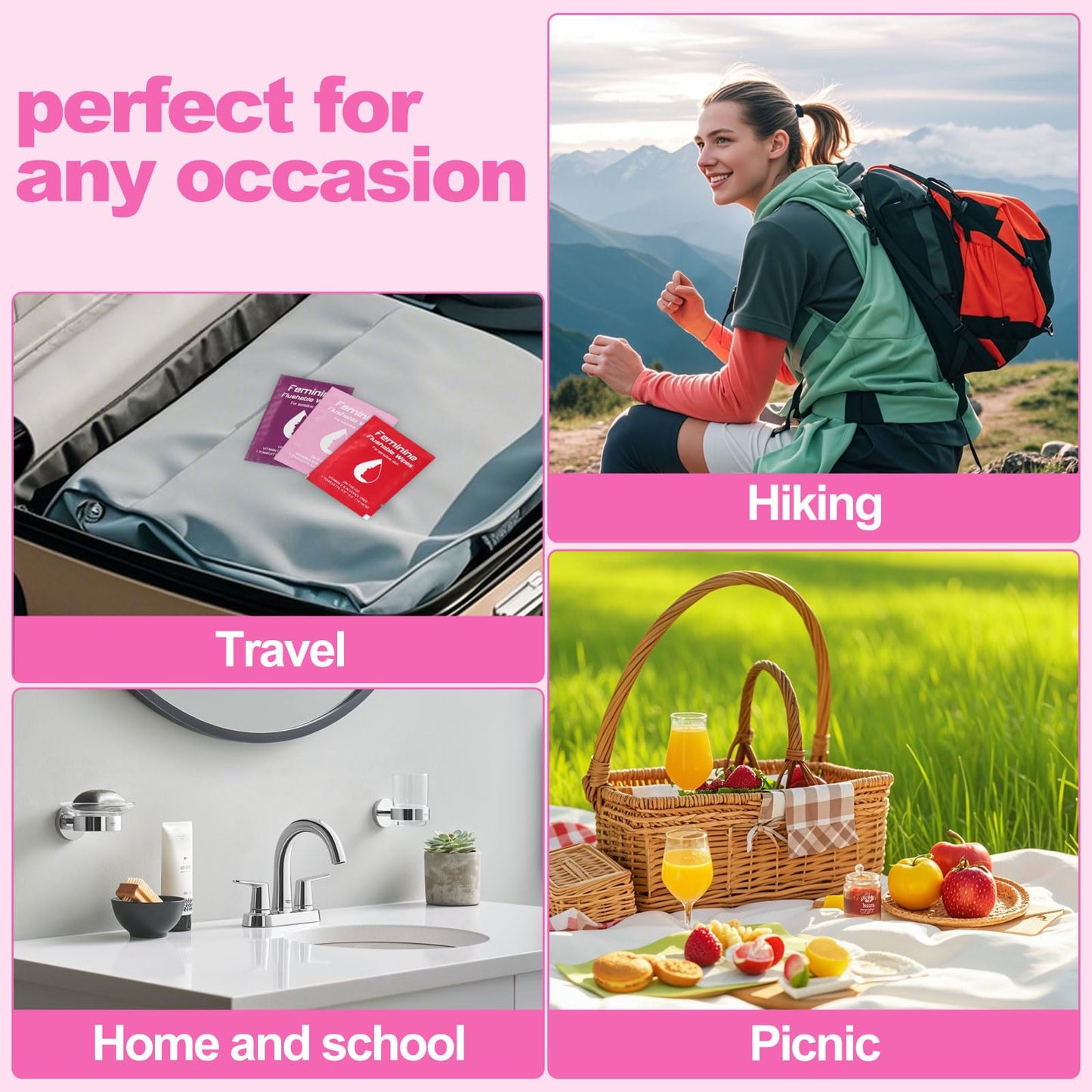 Twoworld Feminine Wipes – 60-Count Travel Pack with Chamomile, Rose, and Unscented, Flushable & Individually Wrapped