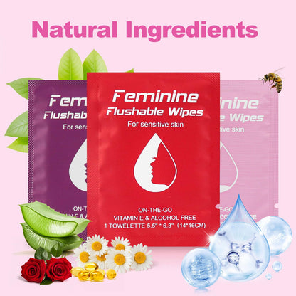 Twoworld Feminine Wipes – 60-Count Travel Pack with Chamomile, Rose, and Unscented, Flushable & Individually Wrapped