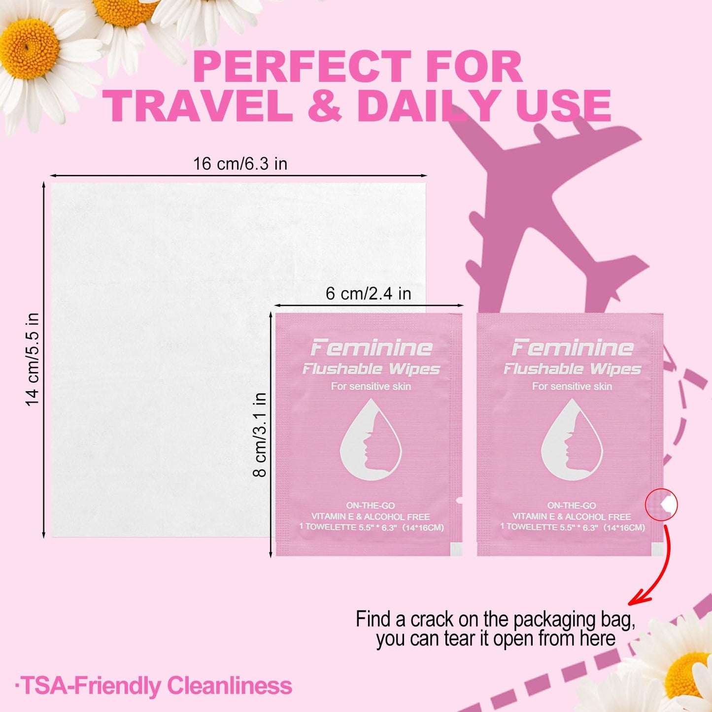 Twoworld Feminine Wipes – 60-Count Travel Pack with Chamomile, Rose, and Unscented, Flushable & Individually Wrapped