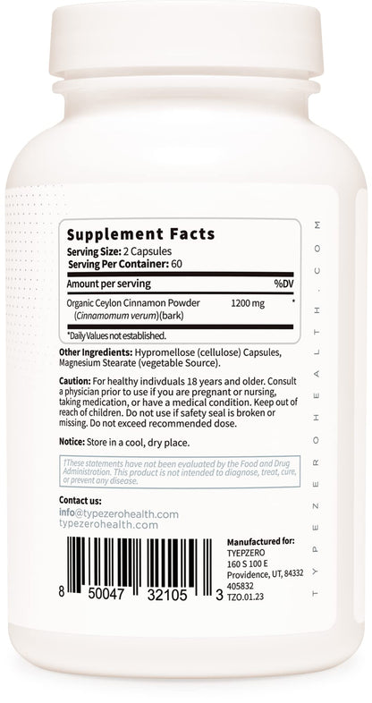 Type Zero Ceylon Cinnamon Capsules 1200mg | 120 Capsules - Natural Non-GMO Gluten Free Organic Cinnamon Bark Supplement (Pack of 2)
