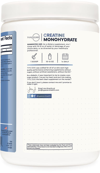 Type Zero Creatine Monohydrate Powder – Unflavored, 500g, 5000 mg/Serving, 100 Servings