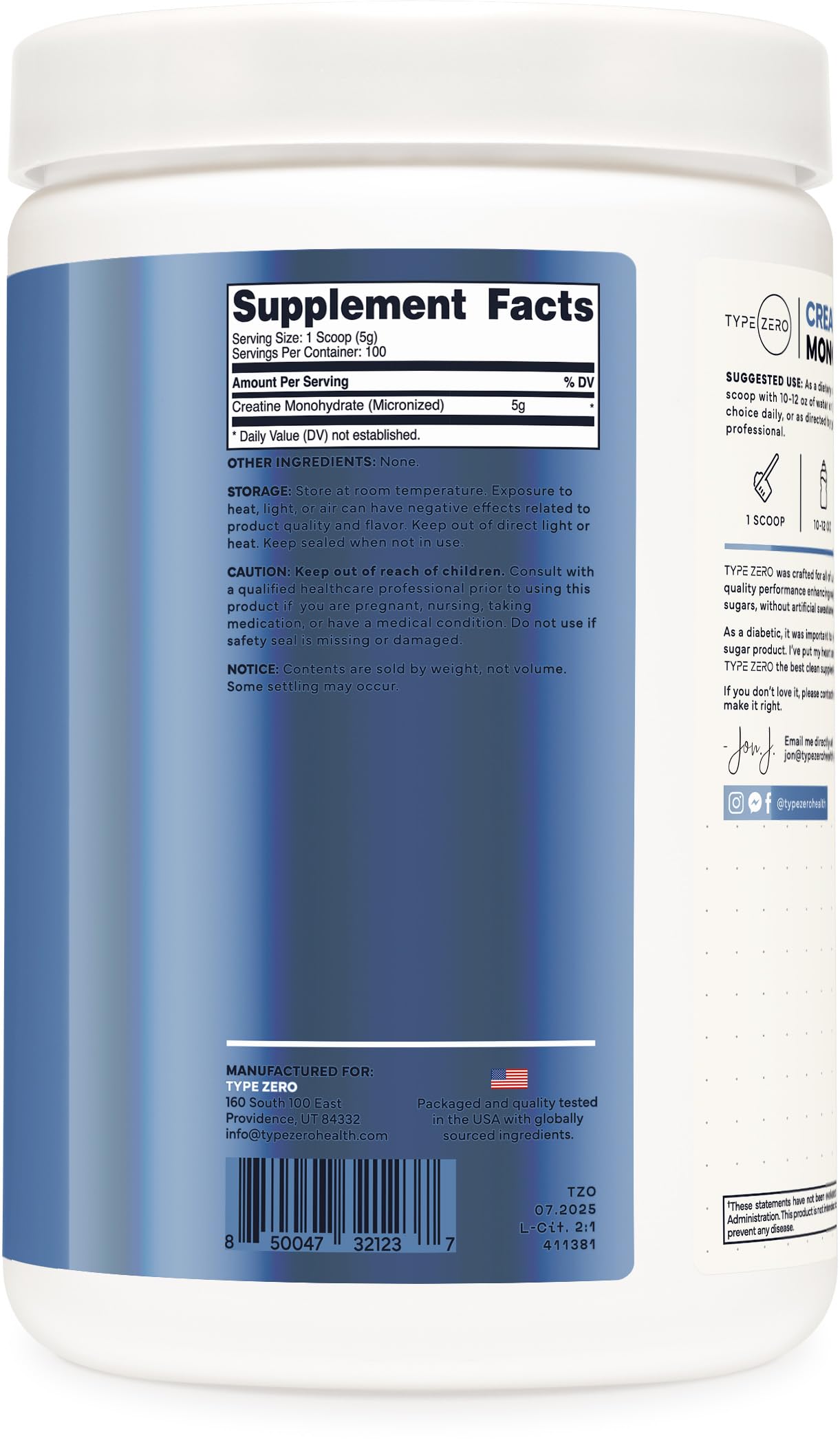 Type Zero Creatine Monohydrate Powder – Unflavored, 500g, 5000 mg/Serving, 100 Servings