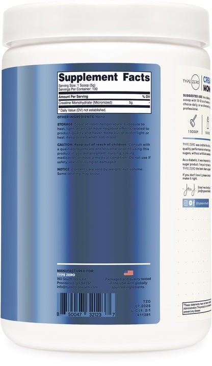 Type Zero Creatine Monohydrate Powder – Unflavored, 500g, 5000 mg/Serving, 100 Servings