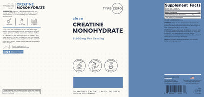 Type Zero Creatine Monohydrate Powder – Unflavored, 500g, 5000 mg/Serving, 100 Servings