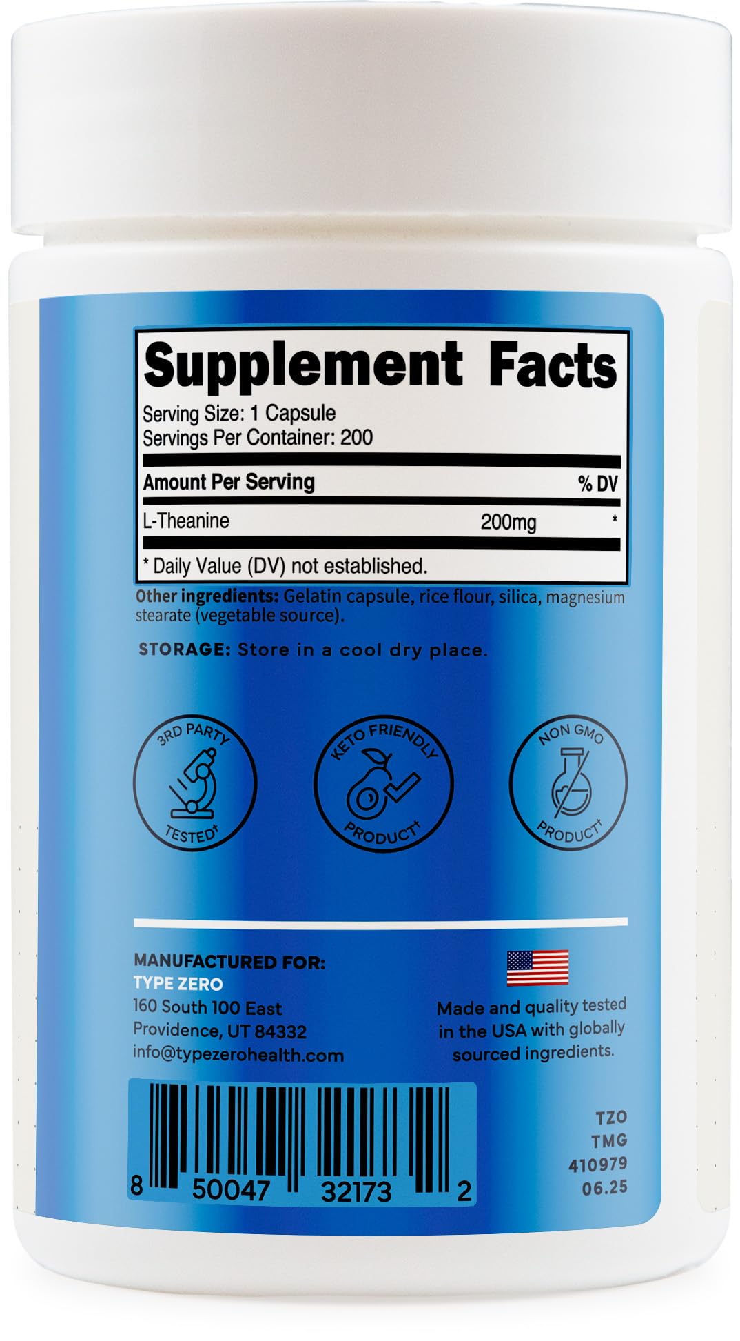 Type Zero L-Theanine (200mg) 200 Capsules - Clean L-Theanine Supplement, Keto, GMO-Free