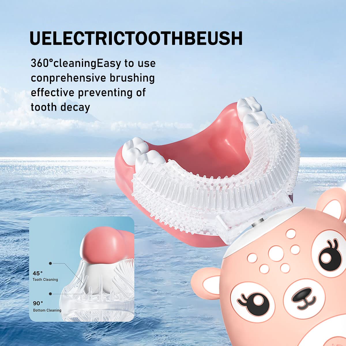 Kids U-Shaped Sonic Electric Toothbrush — Automatic, 6 Modes, 4 Heads, Cartoon Deer Design