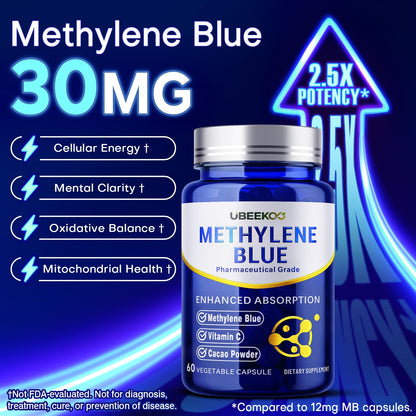 UBEEKOO 30mg Methylene Blue Capsules – Vitamin C & Organic Cacao, 60 Vegan