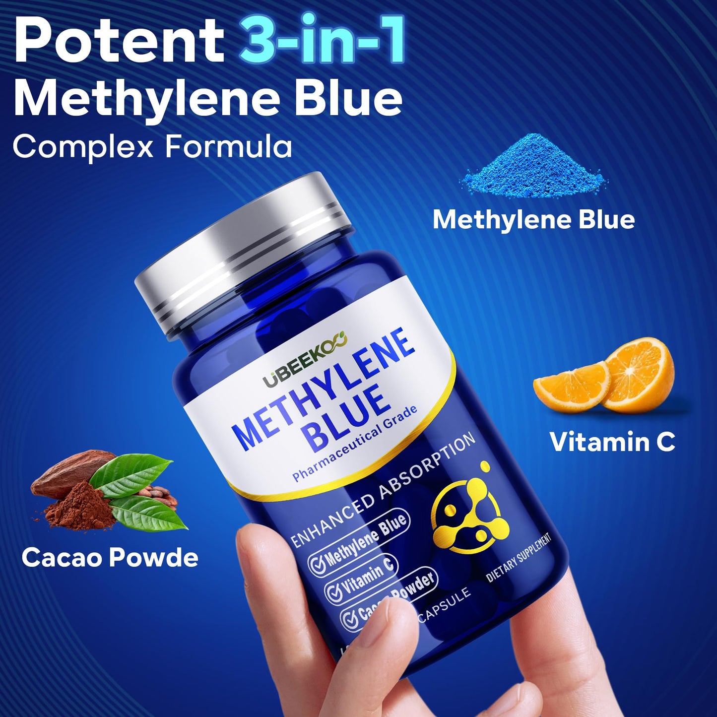 UBEEKOO 30mg Methylene Blue Capsules – Vitamin C & Organic Cacao, 60 Vegan