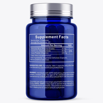 UBEEKOO 30mg Methylene Blue Capsules – Vitamin C & Organic Cacao, 60 Vegan