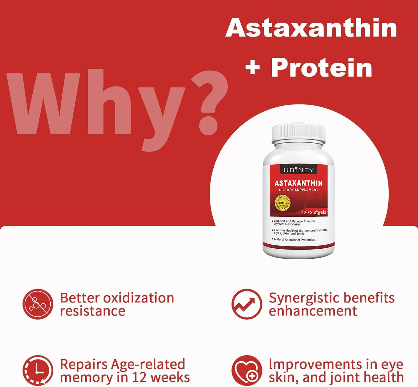 Ubiney Premium Astaxanthin Supplements 12mg – Softgels, 120 Servings – Supports Immune, Skin, Eye & Joint Health – Non-GMO, Gluten-Free, Microalgae Extract