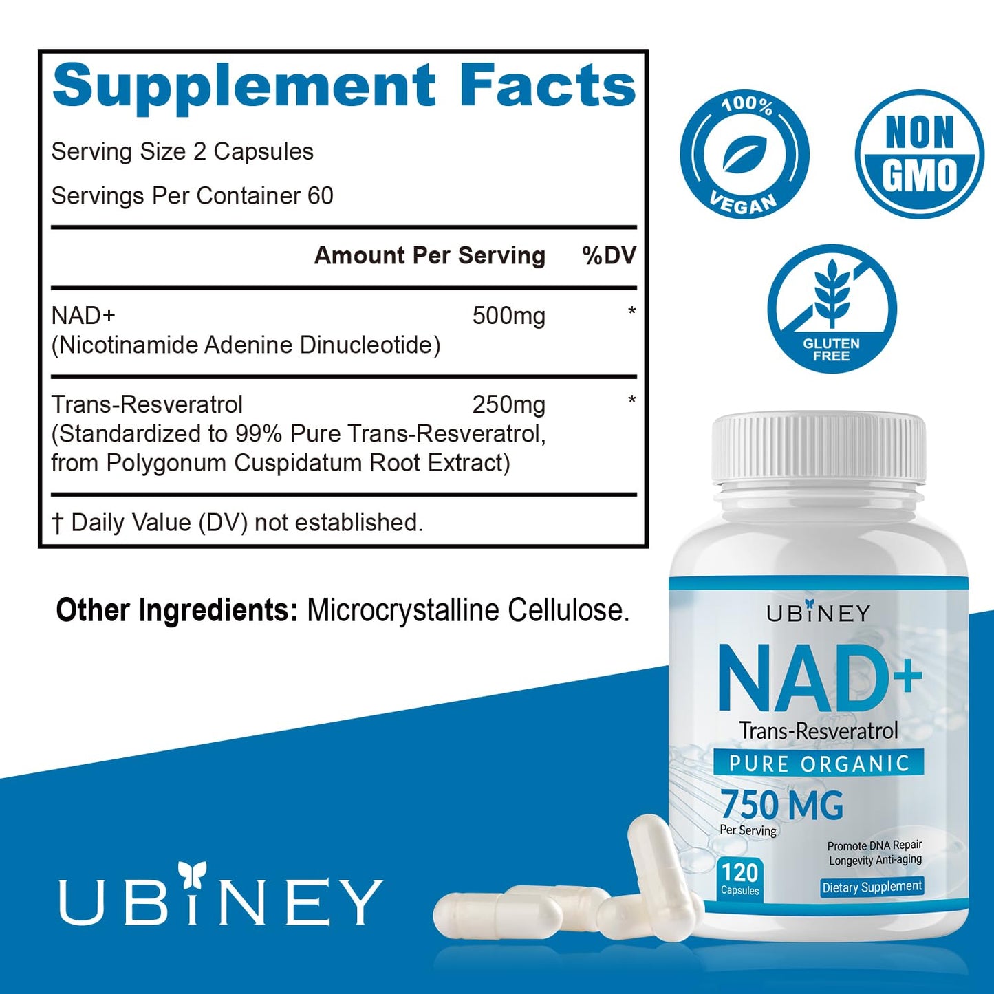 Ubiney NAD+ 750mg with Trans-Resveratrol – Organic NAD+ Supplement for Energy & DNA Repair