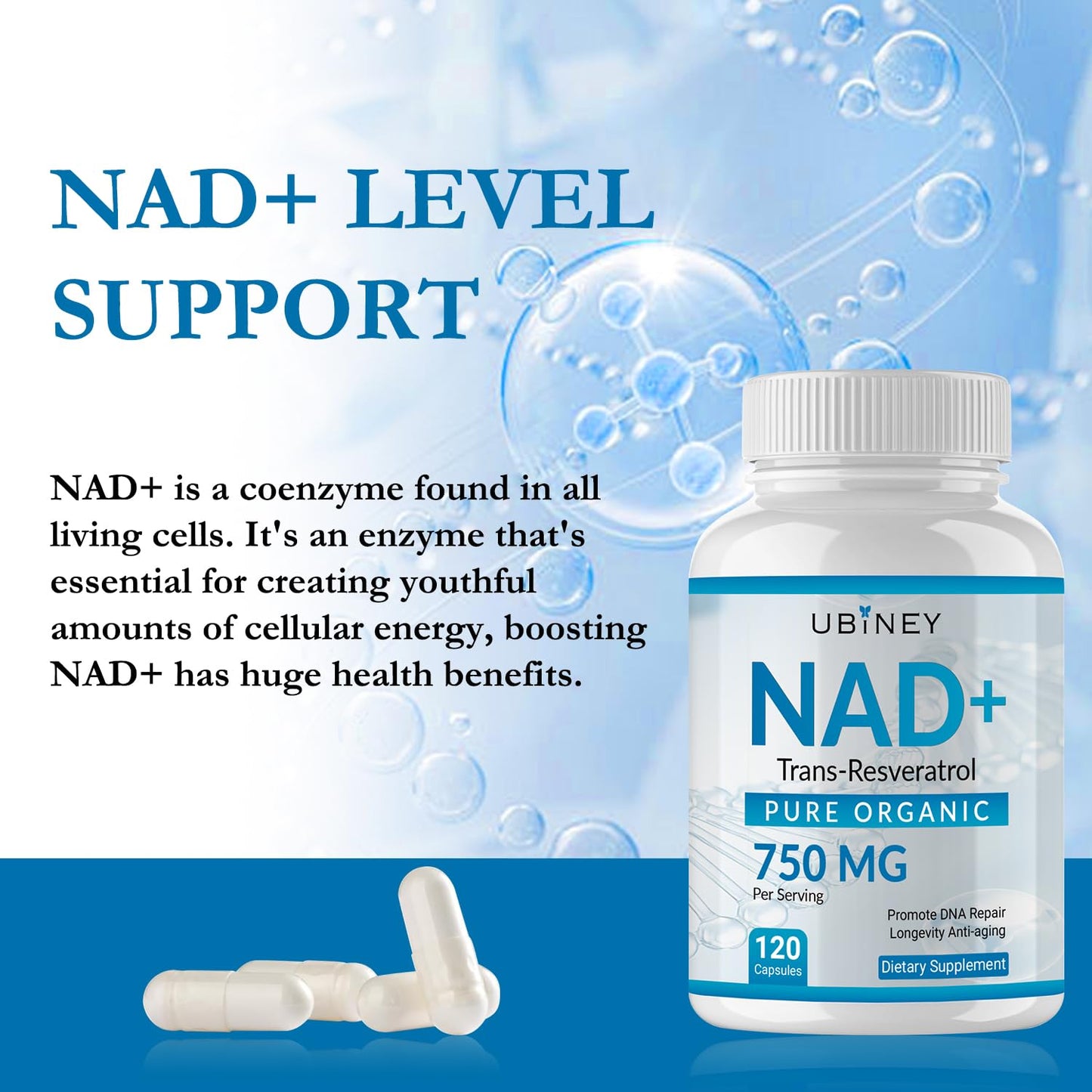 Ubiney NAD+ 750mg with Trans-Resveratrol – Organic NAD+ Supplement for Energy & DNA Repair