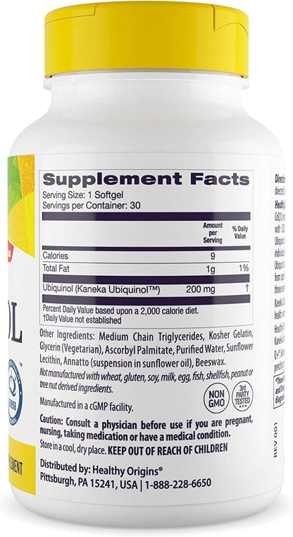 Healthy Origins Ubiquinol 200 mg | CoQ10 for Heart Health & Antioxidant Support | 30 Softgels