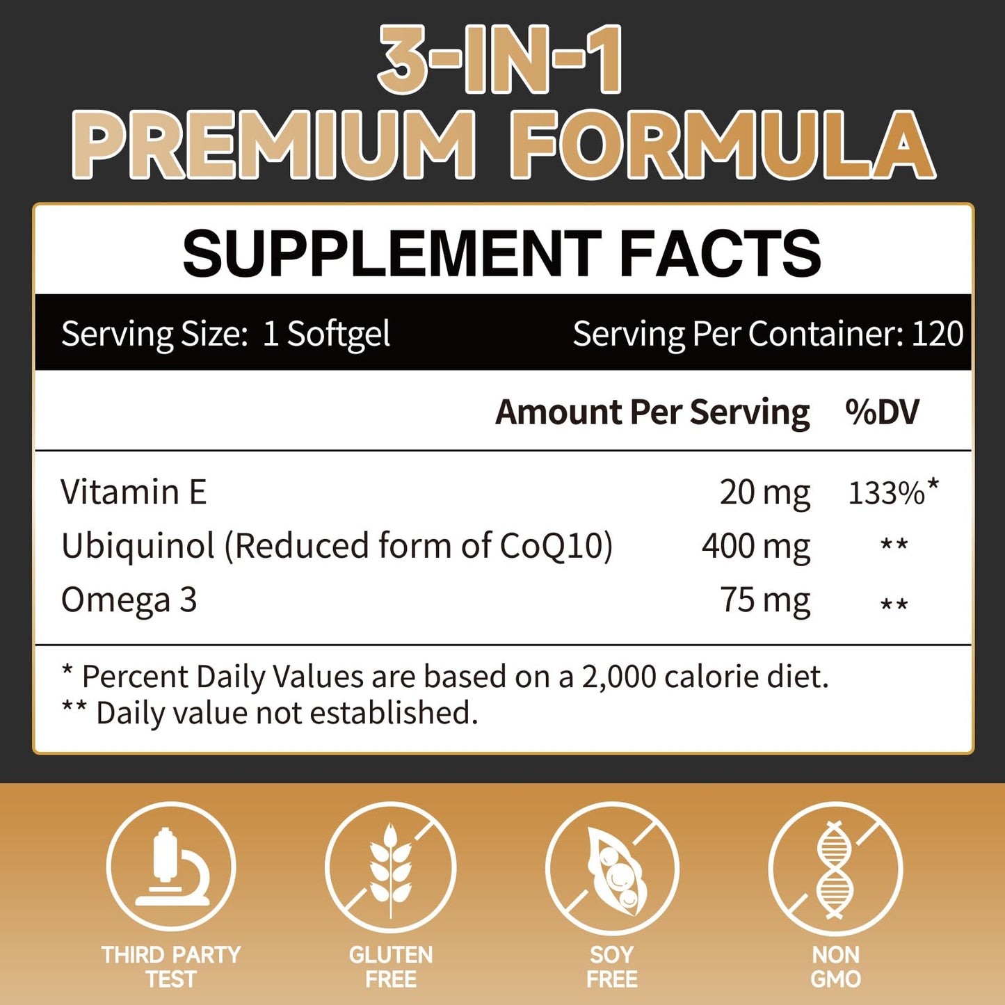 Ubiquinol CoQ10 400mg Softgels with Vitamin E & Omega-3, Max-Absorption, 120 Count, Non-GMO