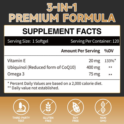 Ubiquinol CoQ10 400mg Softgels with Vitamin E & Omega-3, Max-Absorption, 120 Count, Non-GMO