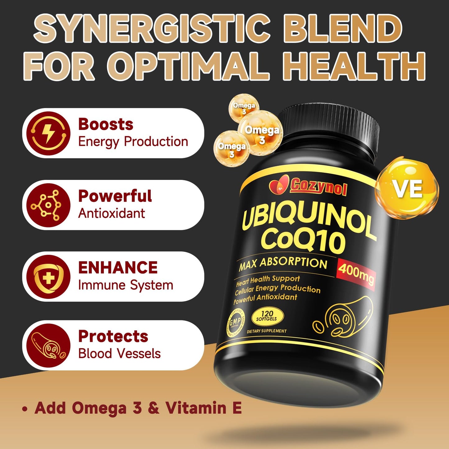 Ubiquinol CoQ10 400mg Softgels with Vitamin E & Omega-3, Max-Absorption, 120 Count, Non-GMO