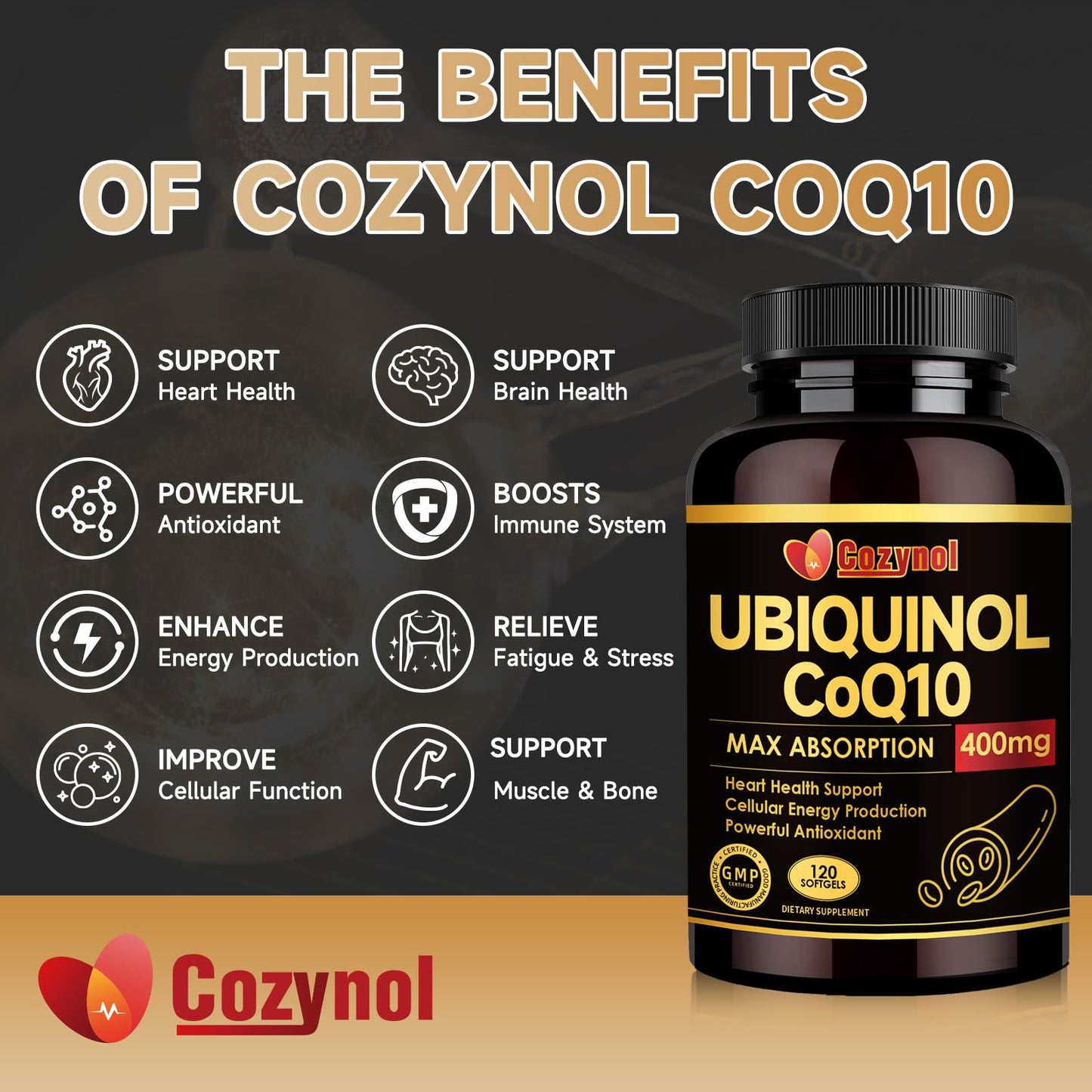Ubiquinol CoQ10 400mg Softgels with Vitamin E & Omega-3, Max-Absorption, 120 Count, Non-GMO