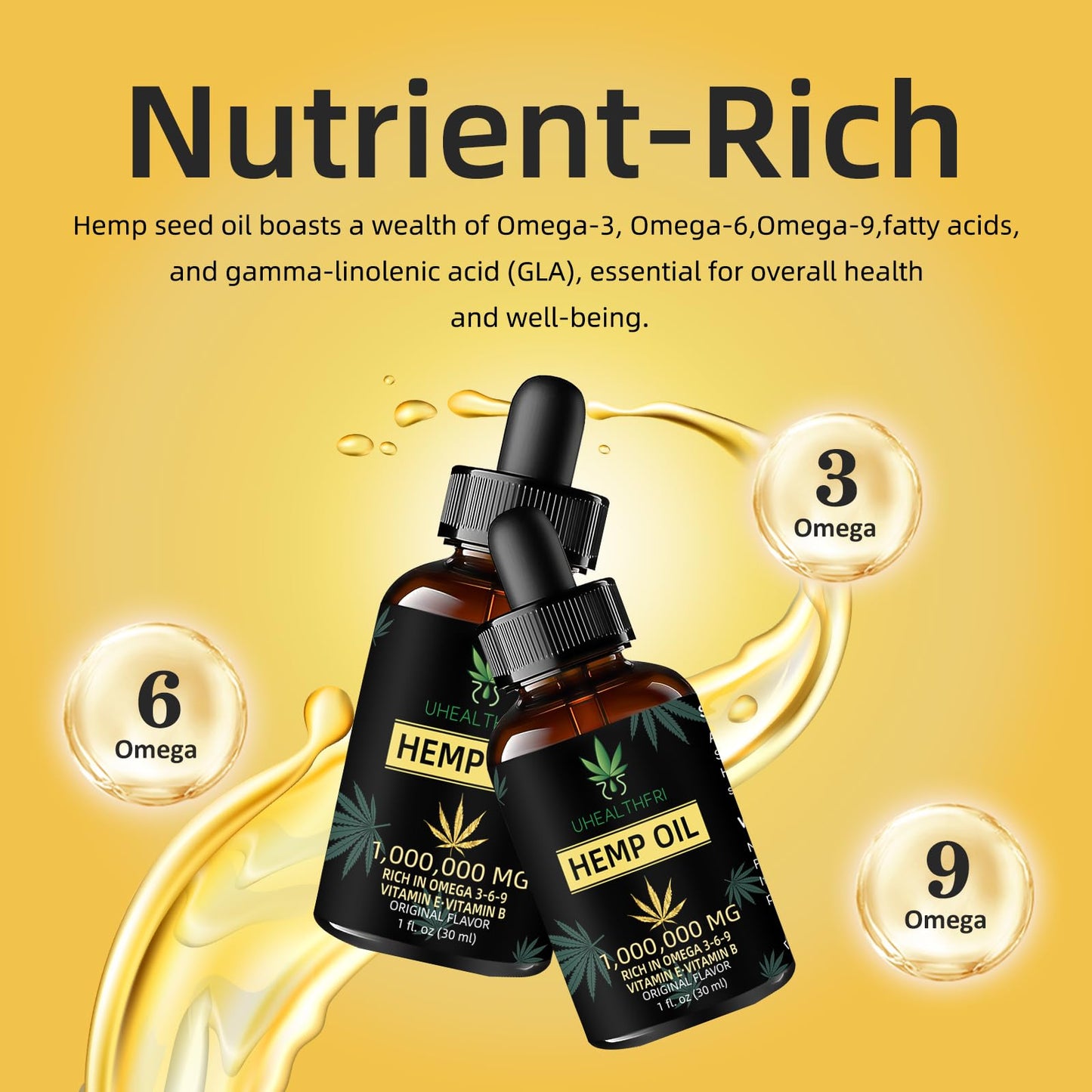 Uhealthfri Hemp Oil - Pure Organic Hemp Seed Oil Drops (Non-GMO, Vegan) Omega 3, 6, 9 - 4 Pack