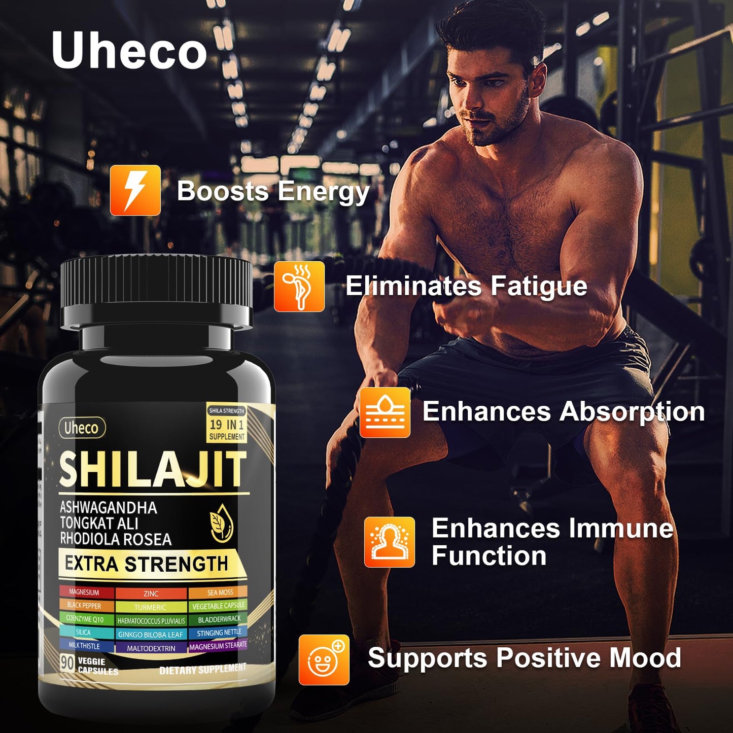 Uheco Shilajit Supplement with Sea Moss, Ashwagandha & Tongkat Ali – 90 Count