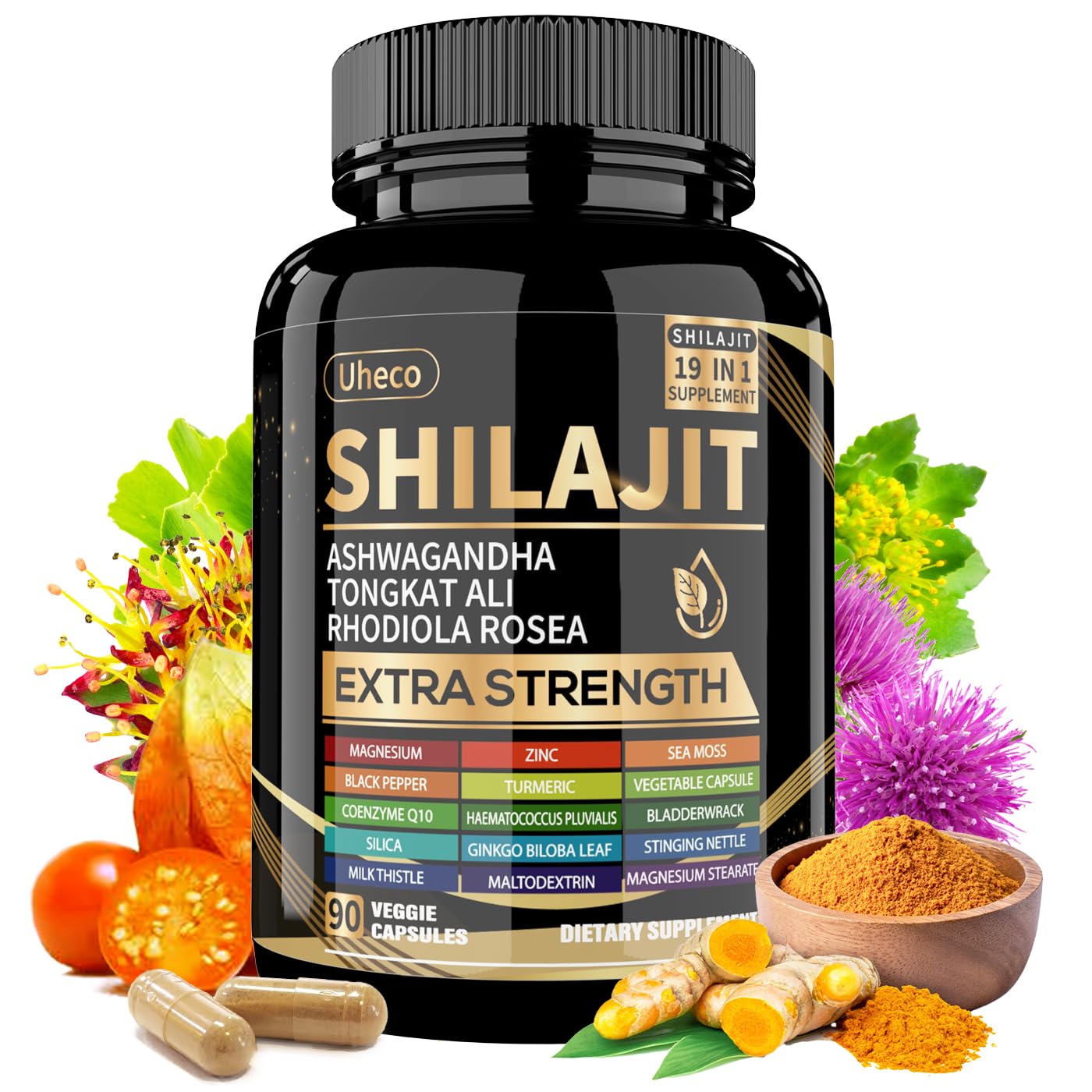 Uheco Shilajit Supplement with Sea Moss, Ashwagandha & Tongkat Ali – 90 Count
