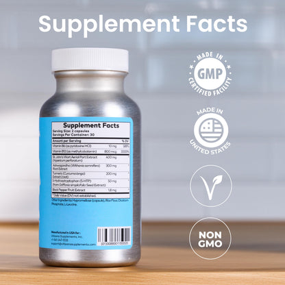 Ultisana Stamina Antioxidant & Stress Relief Supplement | for Enhanced Mood, Boost Energy, Immune & Sleep Support | Vitamin B12 & B6, Ashwagandha, Turmeric, 5-HTP & More | Non-GMO, 60 Capsules