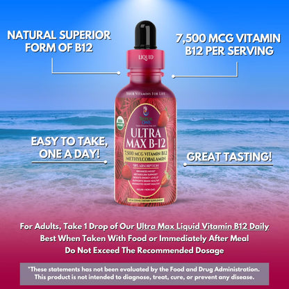 USDA Organic Ultra Max B12 - 7500mcg Methylcobalamin Drops | Vegan Strawberry 4oz