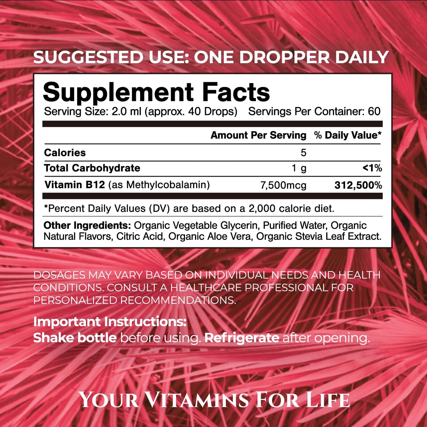 USDA Organic Ultra Max B12 - 7500mcg Methylcobalamin Drops | Vegan Strawberry 4oz