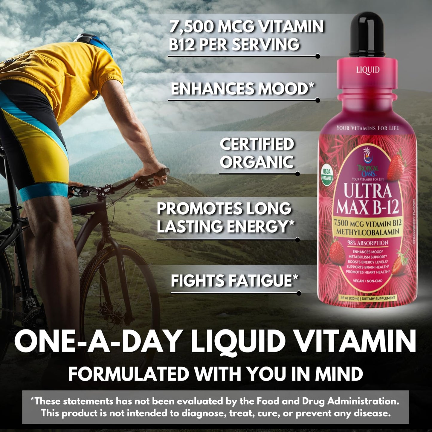 USDA Organic Ultra Max B12 - 7500mcg Methylcobalamin Drops | Vegan Strawberry 4oz