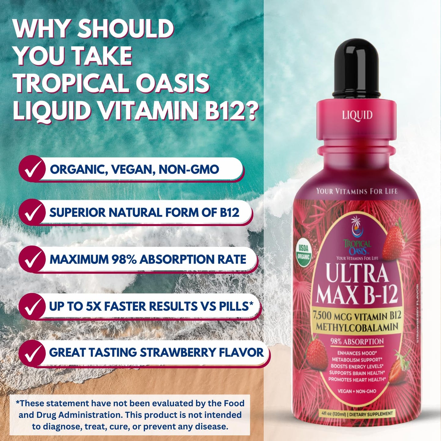 USDA Organic Ultra Max B12 - 7500mcg Methylcobalamin Drops | Vegan Strawberry 4oz
