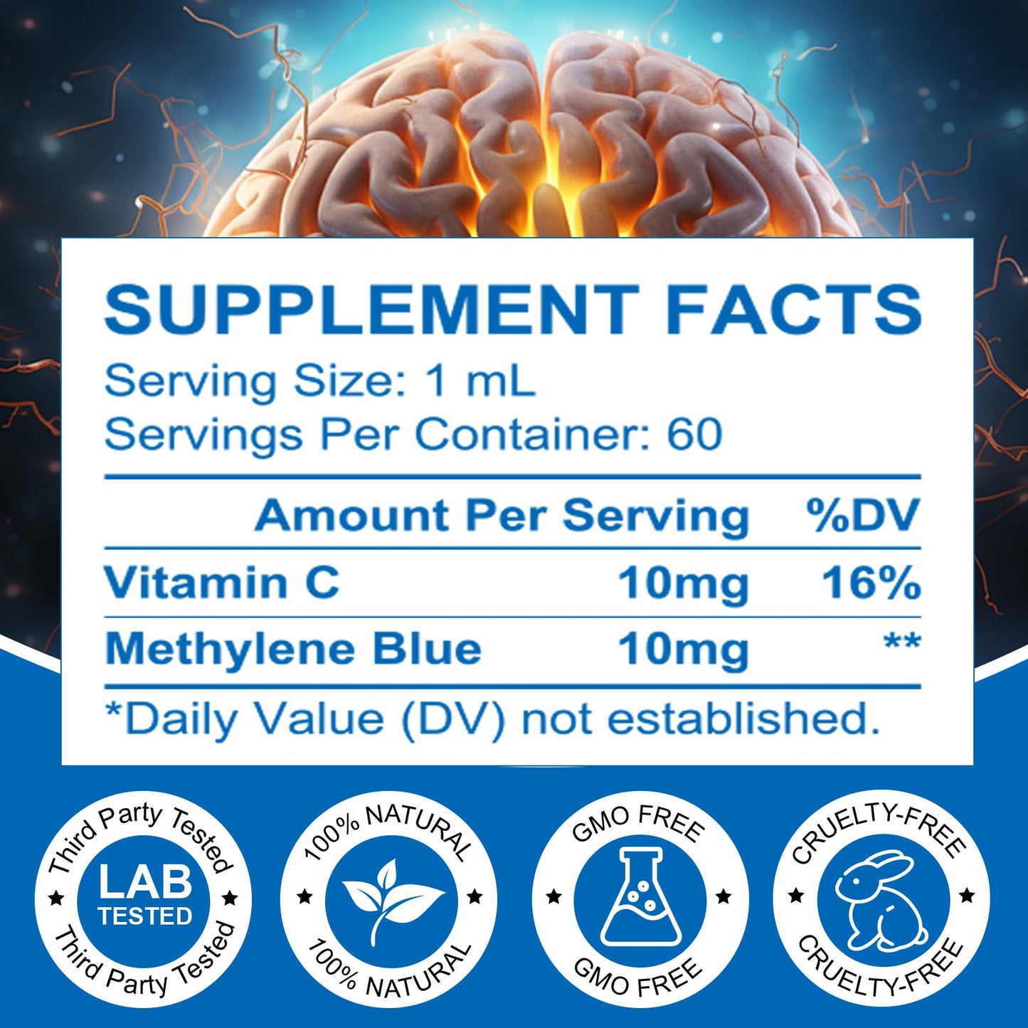Ultra Methylene Blue 1% Solution | Pharmaceutical Grade USP | Cognitive Function & Cellular Energy Support | Formaldehyde-Free | 60ml (2 Fl Oz)