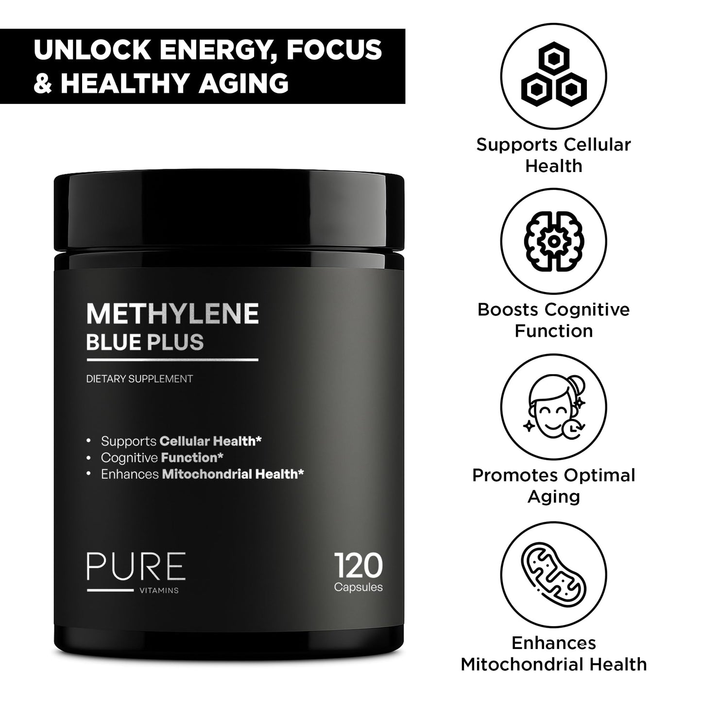 Ultra Methylene Blue Plus – Pharma Grade 12mg | Brain Support, Cacao & Vitamin C Ester | 120 Capsules | Made in USA