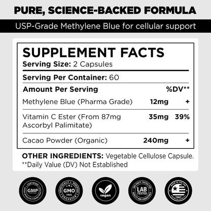 Ultra Methylene Blue Plus – Pharma Grade 12mg | Brain Support, Cacao & Vitamin C Ester | 120 Capsules | Made in USA