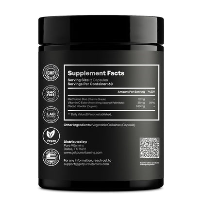 Ultra Methylene Blue Plus – Pharma Grade 12mg | Brain Support, Cacao & Vitamin C Ester | 120 Capsules | Made in USA